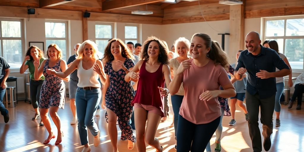 A diverse group dancing joyfully in a sunlit studio.