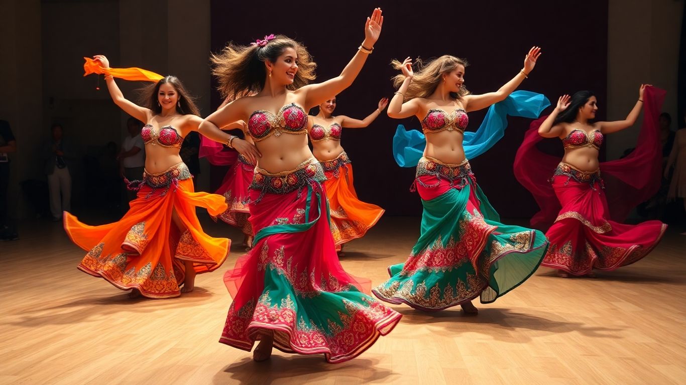 Belly dancers in colorful costumes performing gracefully.