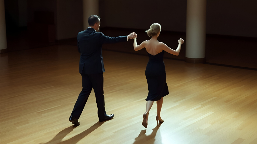 Foxtrot dance class with couples practicing ballroom steps. 