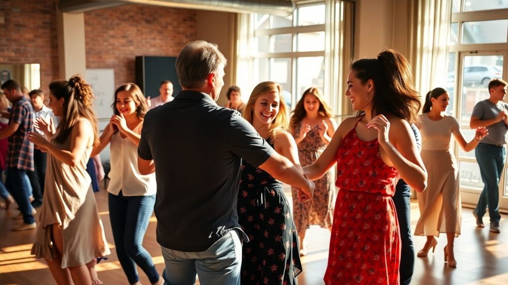 Beginners learning salsa dance in Ottawa studio.