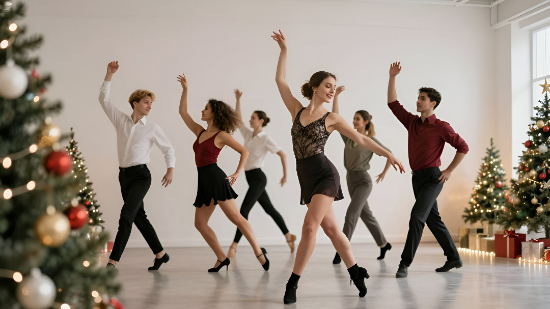 Des danseurs interprètent une chanson de Noël dans un décor festif.
