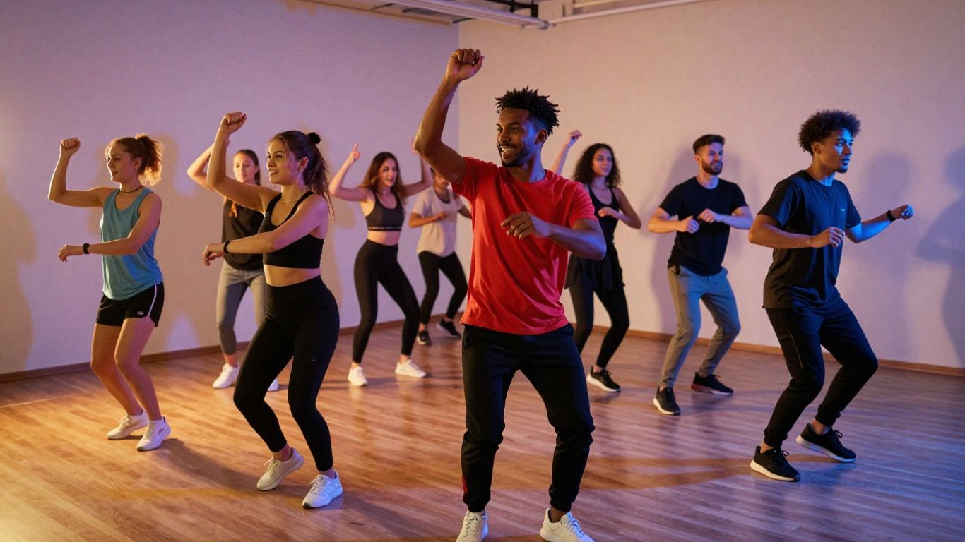 Instructor leading a dance workout class with simple moves for beginners